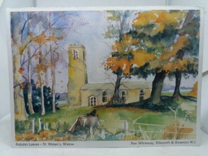 Vintage Postcard Autumn Leaves St Wistans Church Wistow Painting by Nan Whiteway 