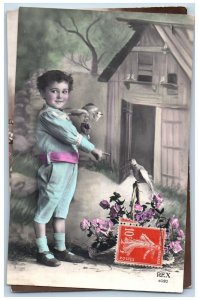 France Postcard RPPC Photo Cute Little Boy With Birds Flowers c1910's Antique