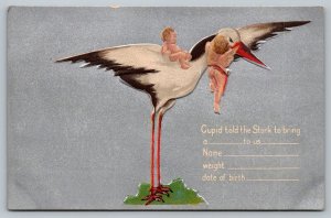 Postcard Stork Baby Announcement Flying Cherub Cupid Told The Stork To Bring Us