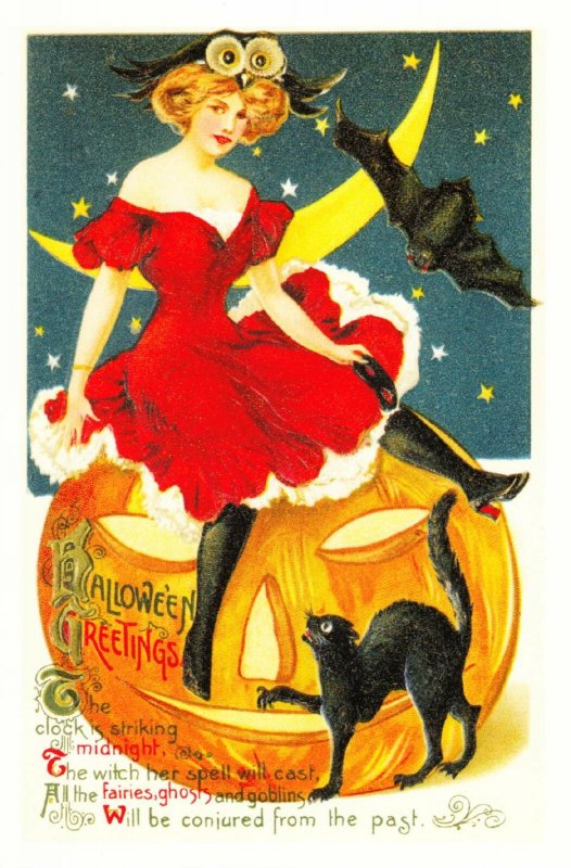 Halloween Repro Postcard #11 Young Witch on Giant Jack-O-Lantern Black Cat Owl
