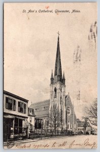 Gloucester MA~St Ann Cathedral~Steeple~Rose Window~Fence~Gothic~1906 Postcard