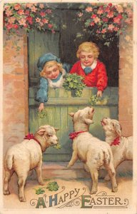 Easter Greetings Children Feeding Sheep Vintage Postcard AA41278