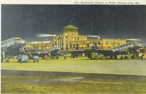 Municipal Airport at Night, Kansas City, Mo. Vintage Postcard F71