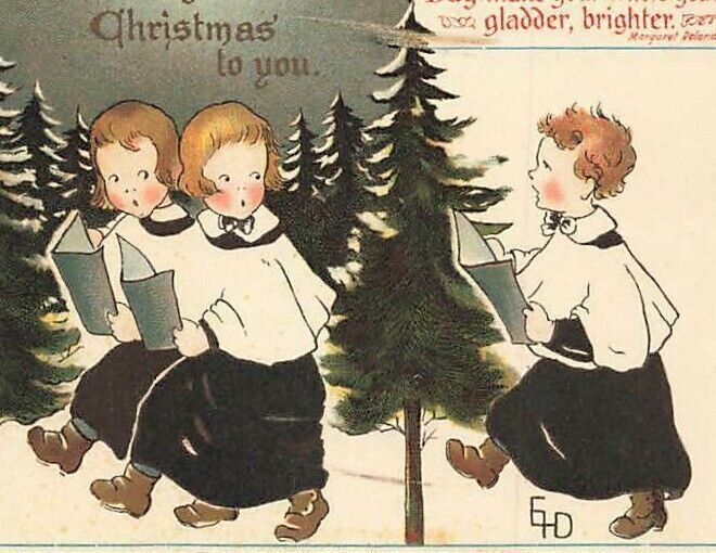 c1910 Children Choir Caroling Singing Trees Star Holly Border Christmas P353