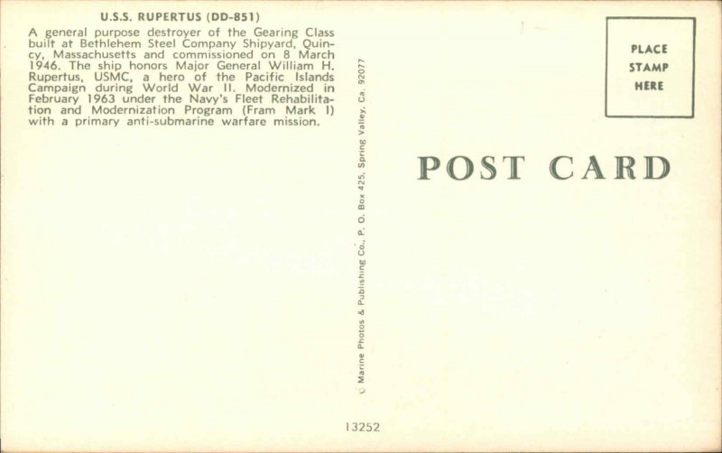 USS RUPERTUS Naval Ship Battleship 1960s-70s Vintage Postcard