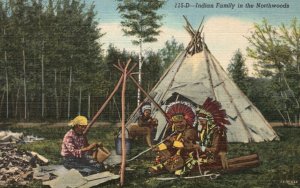 Vintage Postcard 1930's Native American Indian Family Activities on Northwoods