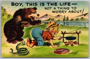 Vtg Comic Not A Thing To Worry About Bear Snake Camping Humor Linen Postcard