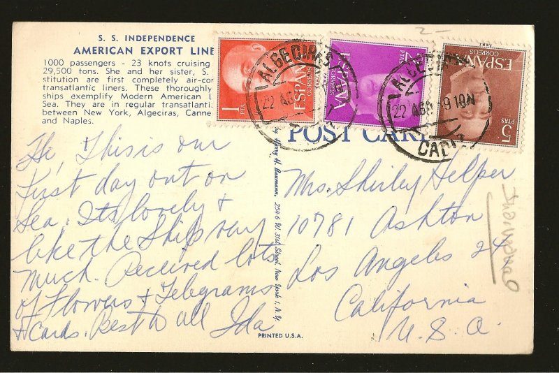 Postmarked in Spain SS Independence American Export Lines Linen Postcard