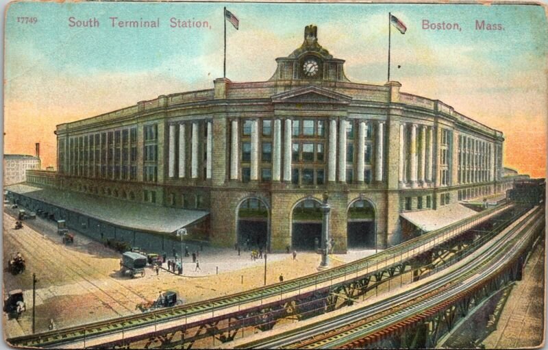 South Terminal Station Aerial View Boston Massachusetts Old Cars DB Postcard