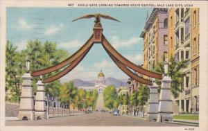 Utah Salt Lake City Eagle Gate Looking Towards State Capitol 1940 Curteich