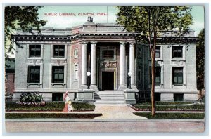 Clinton Iowa IA Postcard Public Library Building Exterior Scene c1910s Vintage