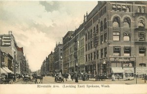 c1907 Postcard; Spokane WA Riverside Ave Looking East, Street Scene, Many Signs