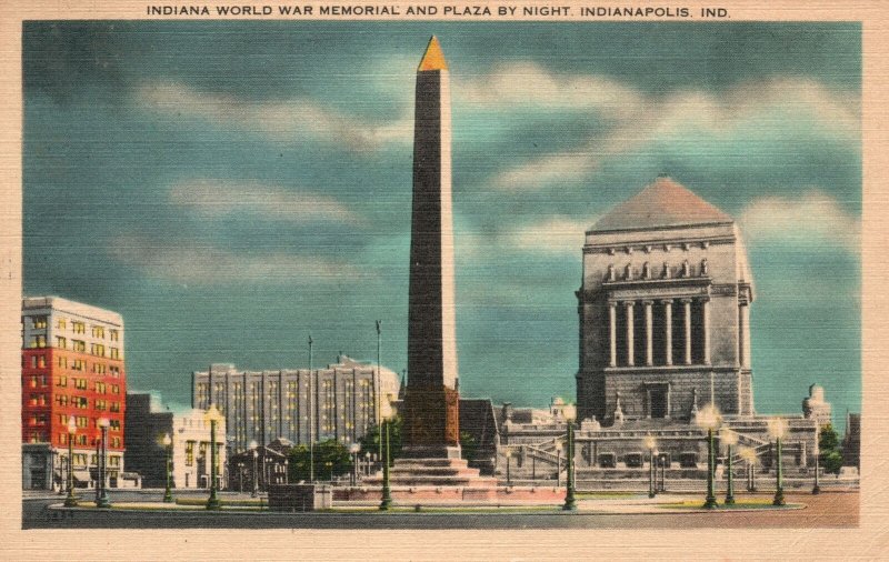 Vintage Postcard 1944 Indiana World War Memorial And Plaza By Night Indianapolis 