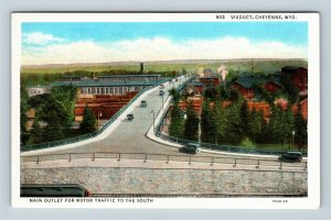 Cheyenne WY, Viaduct, Automobiles, Motor Traffic, Vintage Wyoming Postcard 