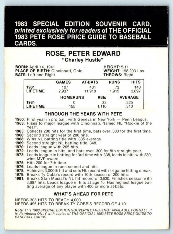 PETE ROSE Charley Hustle 1983 Special Edition Souvenir Card- 4x 5.5 Baseball