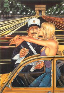 Postcard Comic french policeman being kissed by driver Champs Elysees