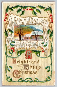 Bright And Happy Christmas, Rural Winter Scene, Antique 1913 Greetings Postcard