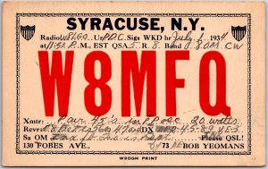 1934 QSL Radio Card Code W8MFQ Syracuse NY Amateur Station Posted Postcard