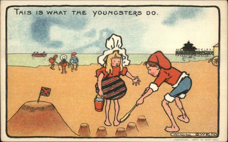 Will Owen Family Ma Pa Kids at Beach Comic Series ART DECO c1910 Postcard #3