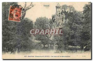 Old postcard Buttes Chaumont Lake and Belvedere