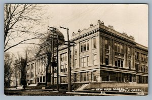 BATTLE CREEK MI NEW HIGH SCHOOL ANTIQUE REAL PHOTO POSTCARD RPPC