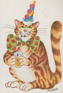 Cat Cats Getting Drunk Clown Party Hat Bow Tie French Cute Animal Comic Postcard