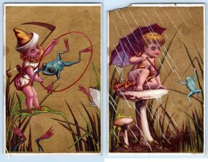 SET/2 FANTASY*CHILDREN*FROGS*MUSHROOMS*SCYTHE*STOCK VICTORIAN TRADE CARDS 1880's