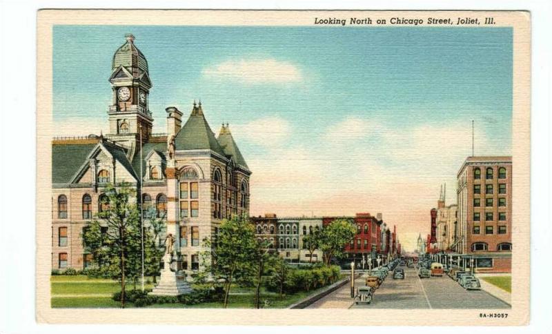 Chicago Street & Court House Joliet Illinois 1940s postcard