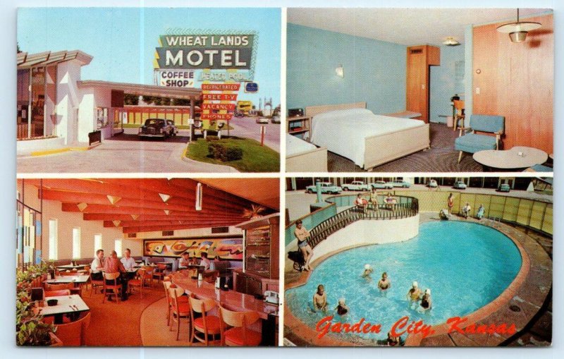 GARDEN CITY, KS Kansas ~ Roadside WHEAT LANDS MOTEL Pool c1950s Car Postcard