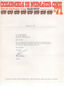 Dennis Hopper Movie Star Personal Signed Letter From Columbia Films