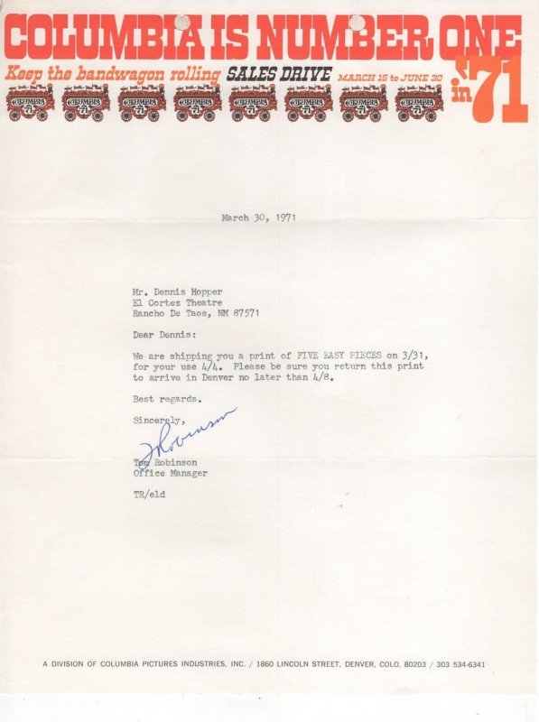 Dennis Hopper Movie Star Personal Signed Letter From Columbia Films