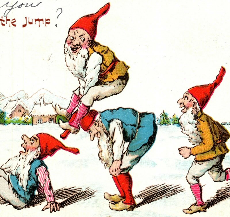 Gnomes Playing Leap Frog Always On The Jump Undivided Back Postcard