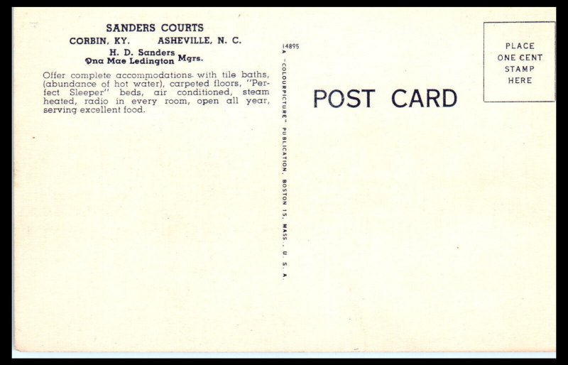 1940s Sanders Court & Cafe Corbin KY Postcard
