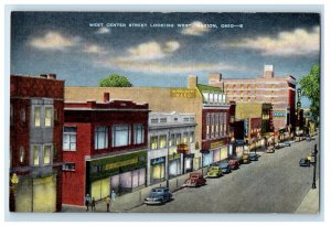 c1940s West Center Street Looking West at Night, Marion OH Vintage Postcard