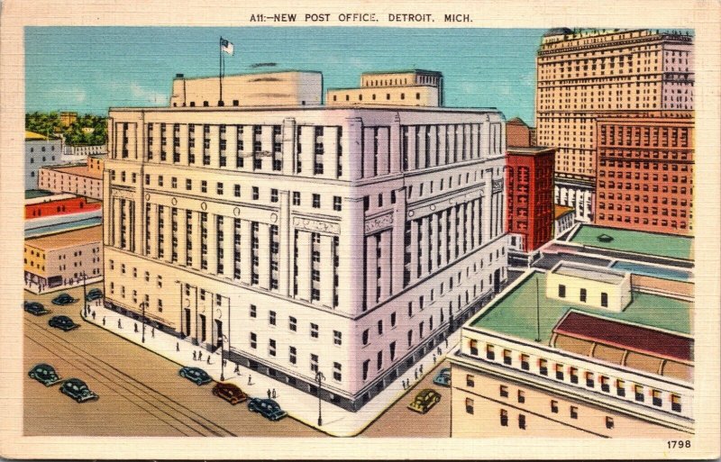 New Post Office Building Detroit Michigan MI Linen Postcard L1