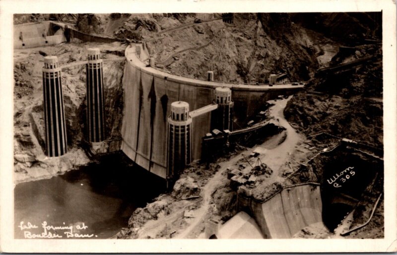 Real Photo Postcard Lake Forming at Boulder Dam Hoover Nevada Arizona