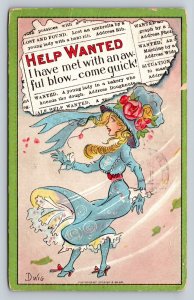 c1910 Help Wanted Lady in Blue Hat & Dress Embossed ANTIQUE Postcard 1270