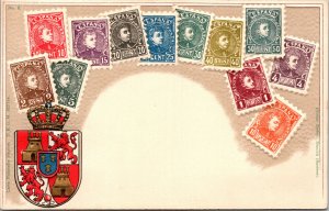 Postcard Spain philatelic design Ottmar Zieher Spanish stamps and crest