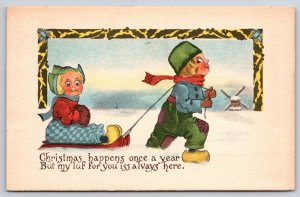 Christmas~Dutch Boy Pulls Girl On Sled~My Luf For You Iss Alvays Here~1913 PC