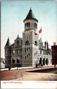 Post Office Augusta ME Maine Horses Buggy Flag  Postcard Undivided Unposted K25