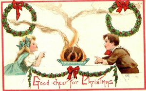 1907 Embossed Good Cheer for Christmas Postcard Couple, HBG L&E Germany 2224 Vtg