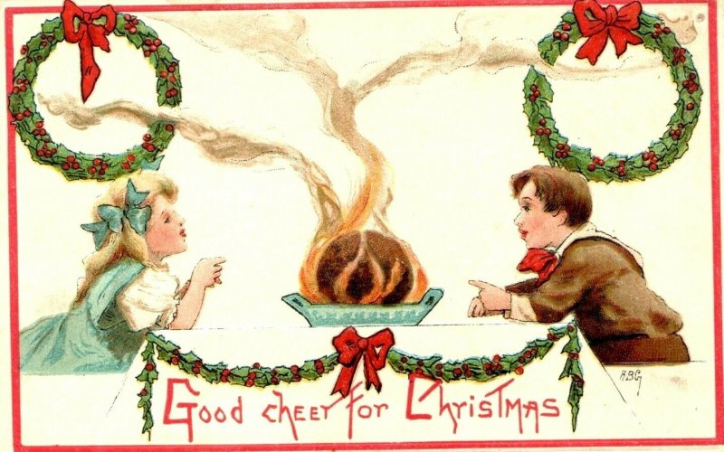 1907 Embossed Good Cheer for Christmas Postcard Couple, HBG L&E Germany A196