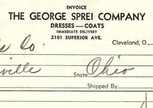 1938 THE GEORGE SPREI COMPANY CLEVELAND OH DRESSES COATS BILLHEAD INVOICE Z3507