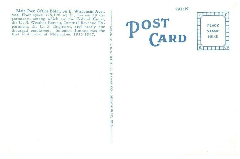 Main Post Office Building Milwaukee Wisconsin Postcard