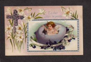 Greetings Easter Joys be Yours Cupid Egg Ribbon Cross Flowers Embossed Postcard