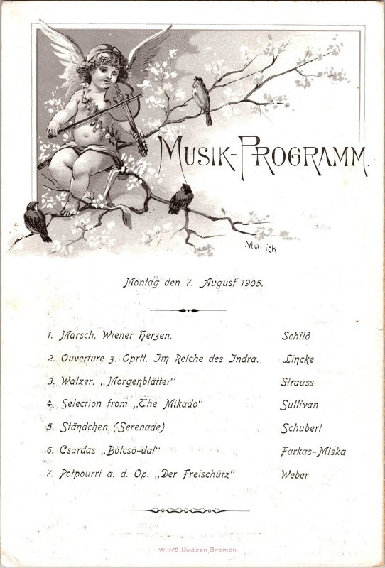 August 7 1905 NDL Bremen SS Kronprinz Wilhelm Ship Menu Music Program