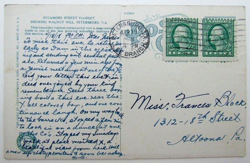 VINTAGE 1918 POSTCARD SYCAMORE STR. VIADUCT PETERSBURG VA train railroad railway