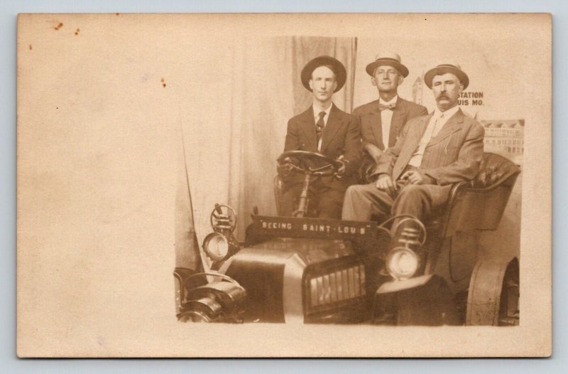 RPPC  Seeing St. Louis Missouri  Auto  Dapper Men   c1910  Postcard