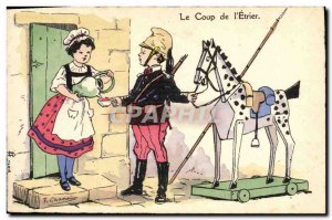 Old Postcard Fantasy Illustrator The shot of Horse & # 39etrier militaria