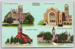 Amarillo Texas~4 Labeled Views of Churches~Vintage Linen Postcard